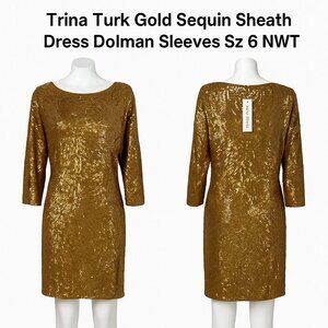 Trina Turk Gold Sequin Sheath Dress Dolman Sleeves Sz 6 NWT
